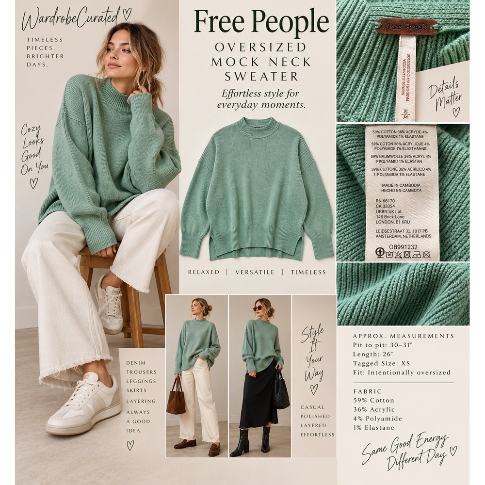 Free People Womens XS Seafoam Green Oversized Mock Neck Slouchy Knit Sweater